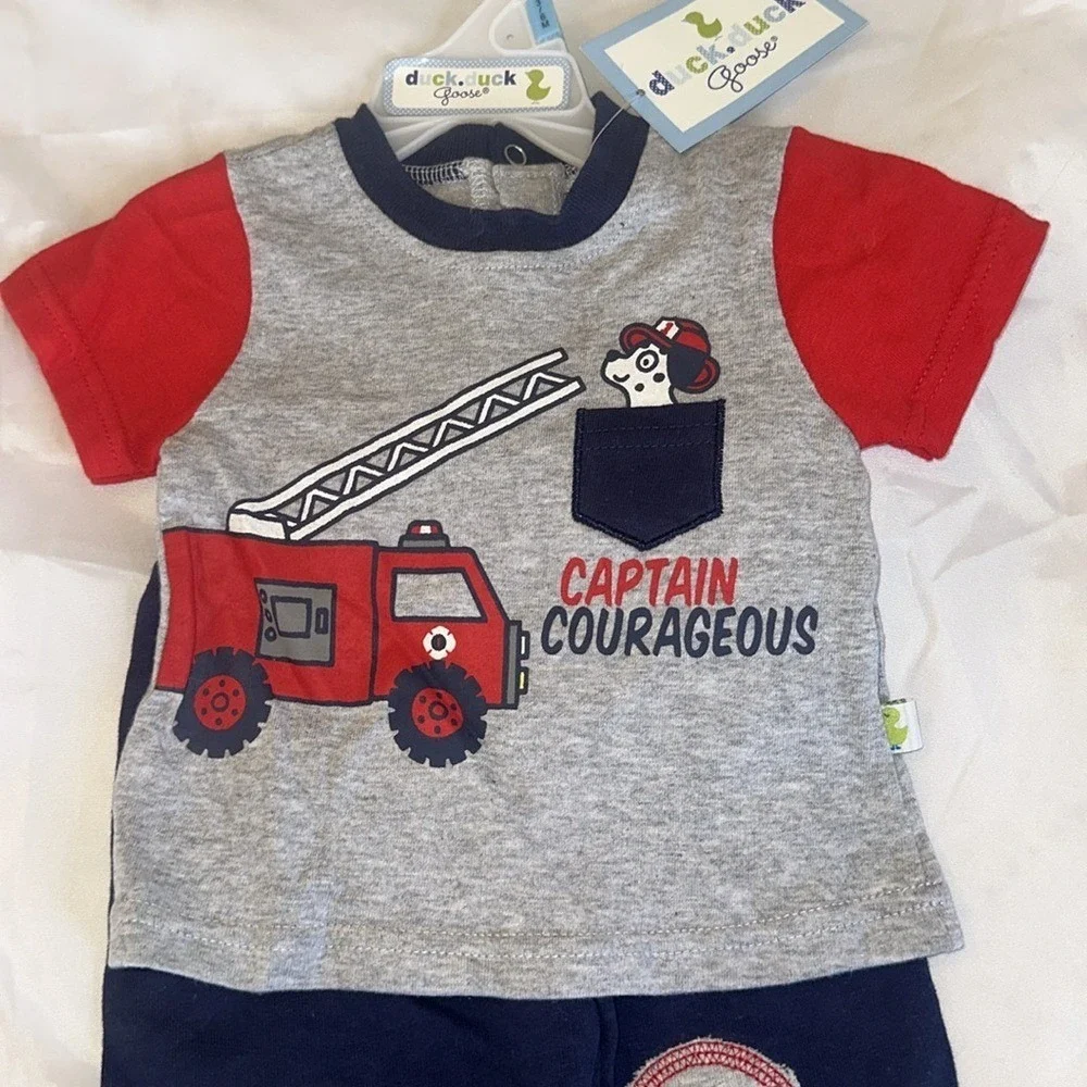 Duck Duck Goose Baby Boys Fire Truck Captain Courageous 2pc Set 3-6M NWT